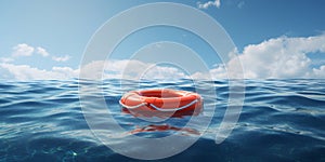 Life Ring On Sea. Orange Lifebuoy Floating On Calm Blue Ocean Water Under Clear Sky. Safety Equipment. Generative AI