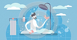 Daily life showering vector illustration. Flat tiny hygiene persons concept