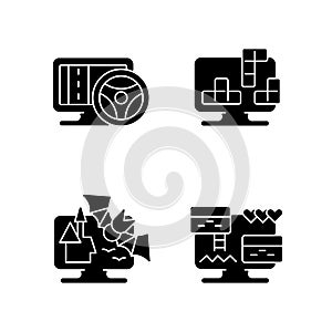 Life simulator games types black glyph icons set on white space