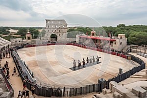 life-size gladiator battle arena, with spectators watching in the background