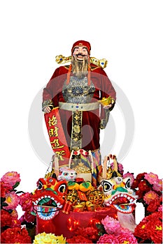 Life size model of CaiShen, mythological Chinese deity of Wealth, with Lion Dance heads, gold ingots, peonies & auspicious symbols