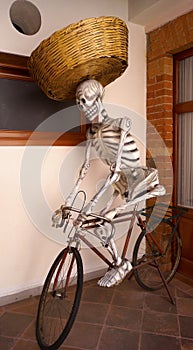 Life size skeleton riding a bike as a bread seller day of the dead character photo