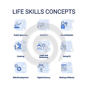 Life skills light blue concept icons set