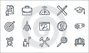 Life skills line icons. linear set. quality vector line set such as bookshelf, hammer, woman, magnifying glass, man, target,
