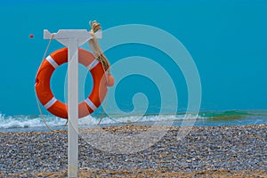 Life sos sunset red buoy danger equipment lifebuoy circle ring, concept assistance security from lifesaver from preserve