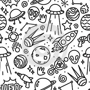 Life in space seamless vector pattern black and white