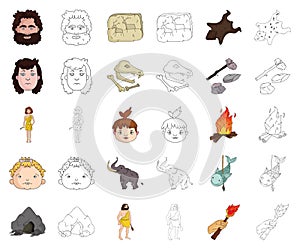 Life in the Stone Age cartoon,outline icons in set collection for design. Ancient people vector symbol stock web photo