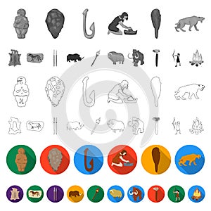 Life in the Stone Age flat icons in set collection for design. Ancient people vector symbol stock web illustration.