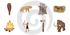 Life in the Stone Age icons in set collection for design. Ancient people vector symbol stock web illustration.