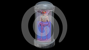 Life support chamber, cryonic tank with man. View 3. Visible internal liquid. 3d rendering.