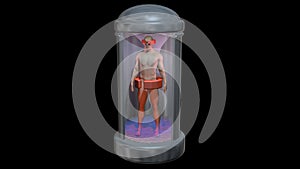 Life support chamber, cryonic tank with man. View 4. Visible internal liquid. 3d rendering.