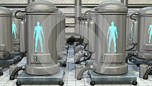 Life support chambers, cryonic tanks containing people. View 3 . 3d rendering