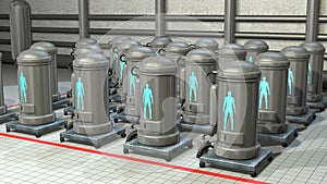 Life support chambers, cryonic tanks containing people. View 4 . 3d rendering