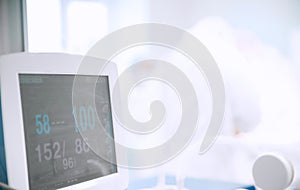 Life support device pulse, lung ventilation for patient on operating table, surgeons, doctors work and are struggling