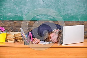 Life of teacher exhausting. Fall asleep at work. Educators more stressed work than average people. Educator bearded man