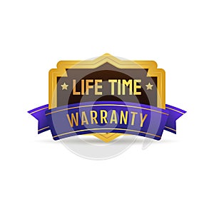 Life time warranty guarantee golden label badge stamp with purple ribbon design, vector.