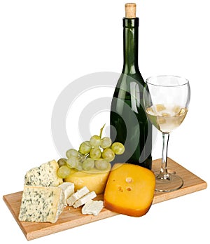 Refined still life of wine, cheese and grapes on