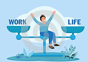 Life and work balance on scales. Man keep harmony choose between career and money versus health and time, leisure or business.