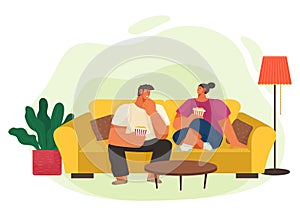 People Leisure at Home Couple with Popcorn Vector photo