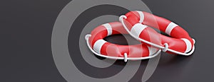 Lifebelt float ring, safety equipment. Lifebuoy on grey black color, rescue life. 3d render