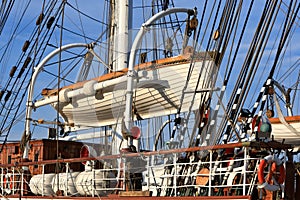 Lifeboat on deck of sailing ship