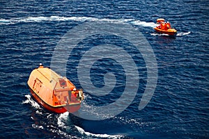 A lifeboat or life raft carried for emergency evacuation in the event of a disaster aboard a ship. photo