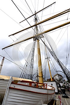 Lifeboat mast and rigging aboard vintage tall ship