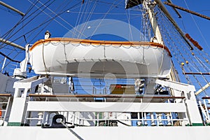 A lifeboat mounted on a large sailing ship. Necessary rescue equipment on large sea vessels