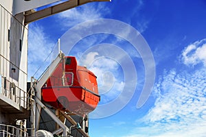 Lifeboat or rescue boat on the scaffolding supporting.