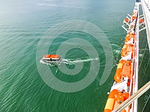 Lifeboats of a cruise ship at Gatun lake of the Panama Channel