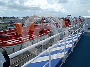 Lifeboats on a cruise ship in Nassau, Bahamas