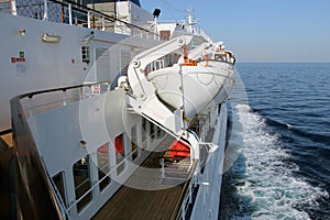 Lifeboats deck on a passenger ship in a sea