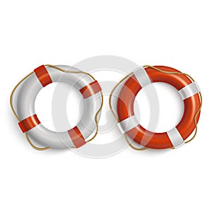 Lifebuoies icons set. Life preserver or saver red and white.