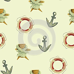 Lifebuoy, anchor, rope watercolor vintage seamless pattern