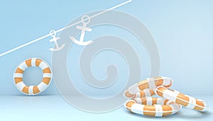 Lifebuoy and Anchor on Summer holidays Creative concept Art ,Salvavidas,Help, safety, security,life buoy on pastel Blue background photo