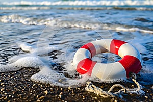 lifebuoy on a beach with surf and clear blue sea in the background