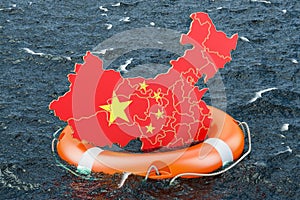 Lifebuoy with Chinese map in the open sea. Safe, help and protect concept. 3D rendering