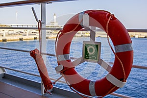 Lifebuoy on the deck of cruise ship.