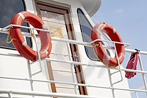 Lifebuoy on the deck of a cruise ship, close-up. Lifebuoy on the deck of a ship