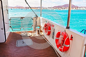 Lifebuoy on the deck of a luxury yacht