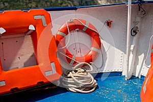 Lifebuoy on the deck of ship, close-up.