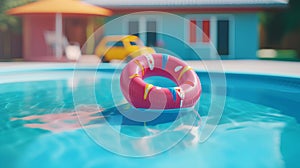 Lifebuoy floating in swimming pool. Summer concept. 3D Rendering