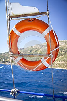 Lifebuoy hanging on boat at sea