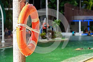 A lifebuoy hangs on the side of the swimming pool