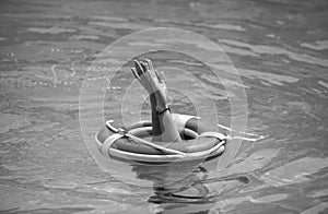 Lifebuoy help to survive concept. Support survival or save, rescue. Ring floating in a sea, life preserver. Drown people