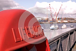 Lifebuoy Holder and Cranes on the banks of the River Tyne