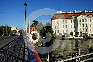 Lifebuoy on the `Lange BrÃ¼cke` bridge over the river Dahme near Schloss KÃ¶penick, 12555 Berlin, Germany