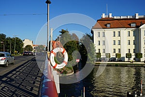 Lifebuoy on the `Lange BrÃ¼cke` bridge over the river Dahme near Schloss KÃ¶penick, 12555 Berlin, Germany