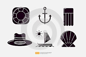 Lifebuoy Lifeguard, Anchor Symbol, Air Bed or Relax Inflatable Mattress, Man Hat, Sailboat Sailing Ship, Shellfish Animal Shell.