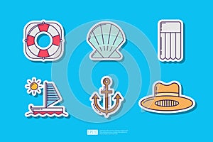 Lifebuoy Lifeguard, Anchor Symbol, Air Bed or Relax Inflatable Mattress, Man Hat, Sailboat Sailing Ship, Shellfish Animal Shell.